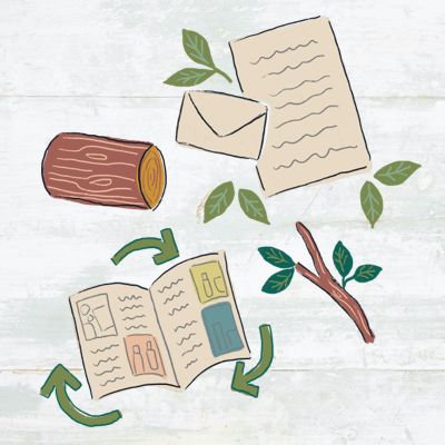 illustration featuring paper and wood